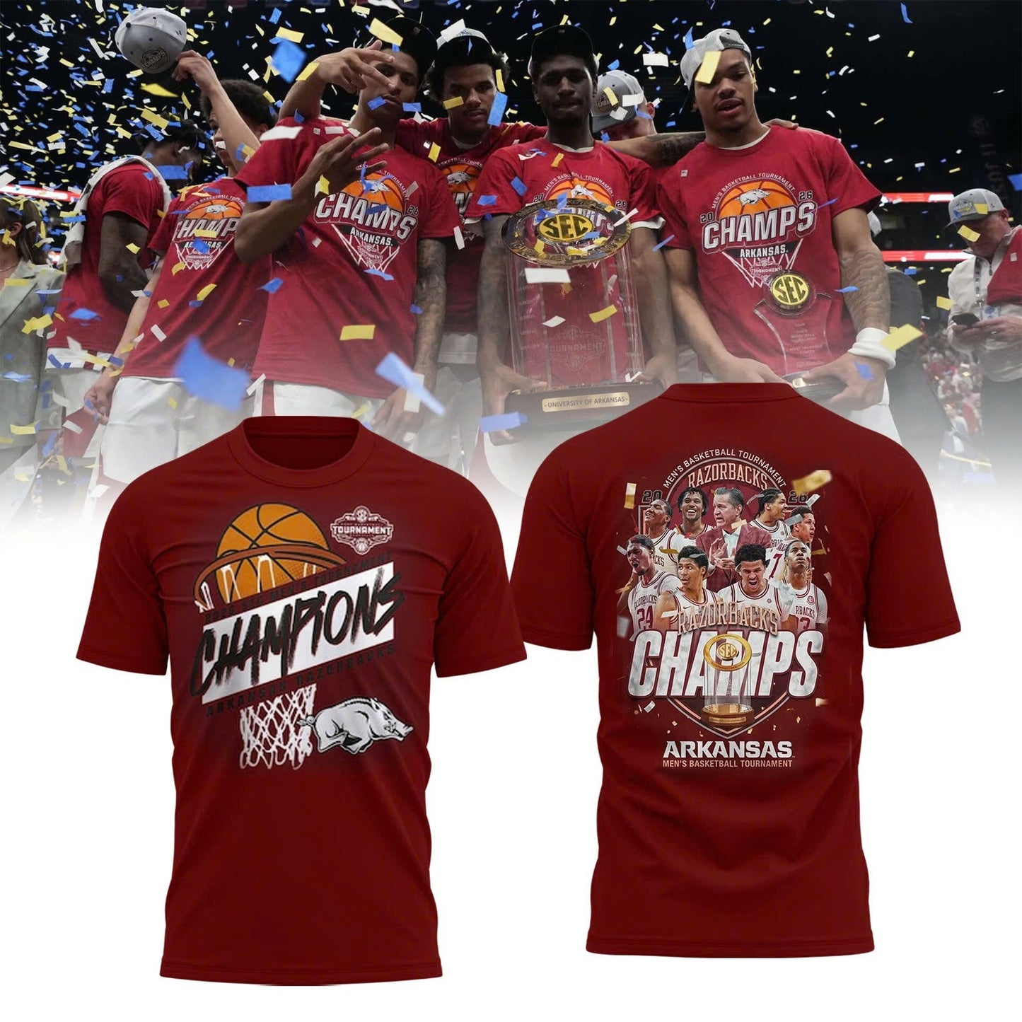 Arkansas Razorbacks Men's Basketball 2026 SEC Tournament Champions Locker Room Short Sleeve T-Shirt