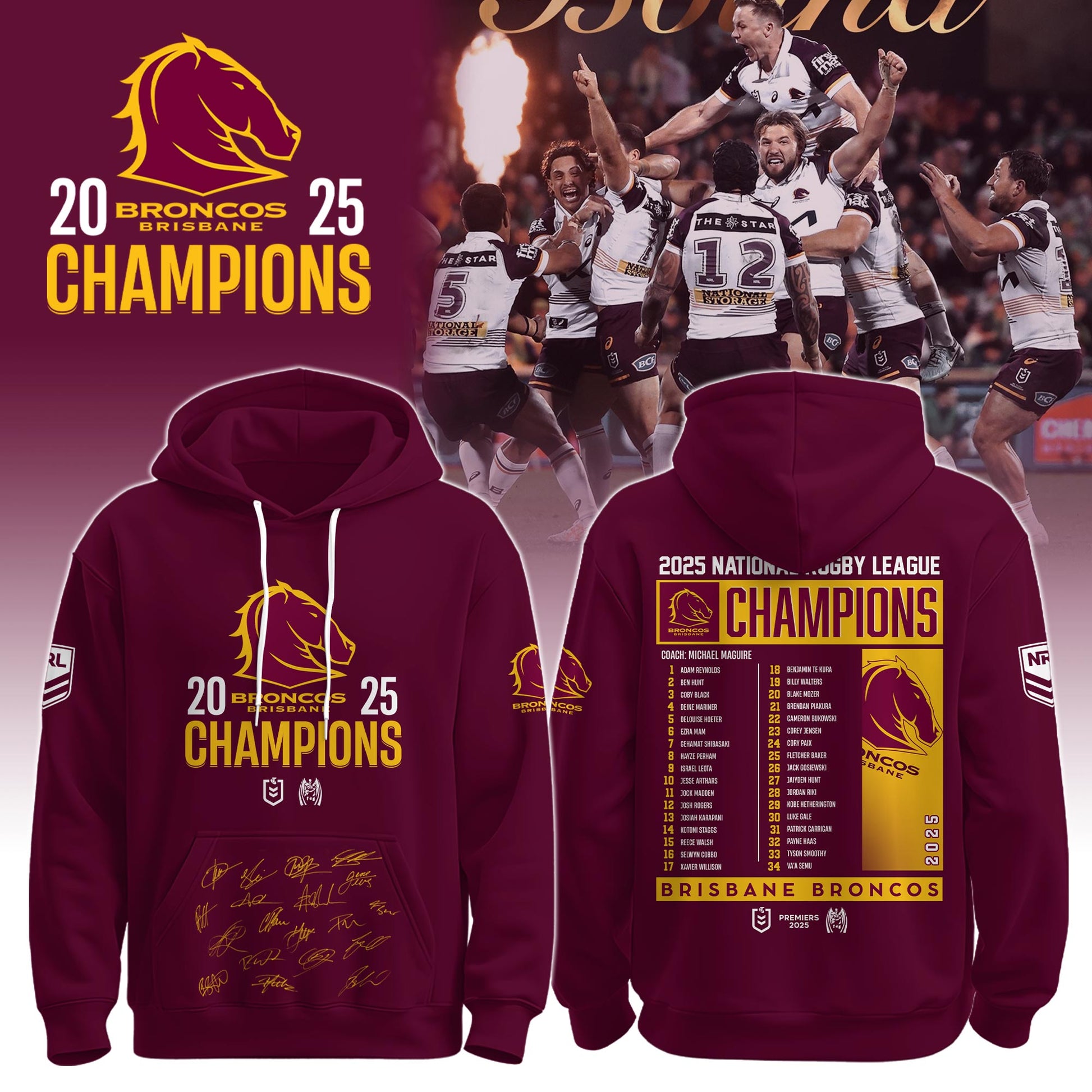 B.Broncos NRL Finals 2025 Champions Combo Hoodie