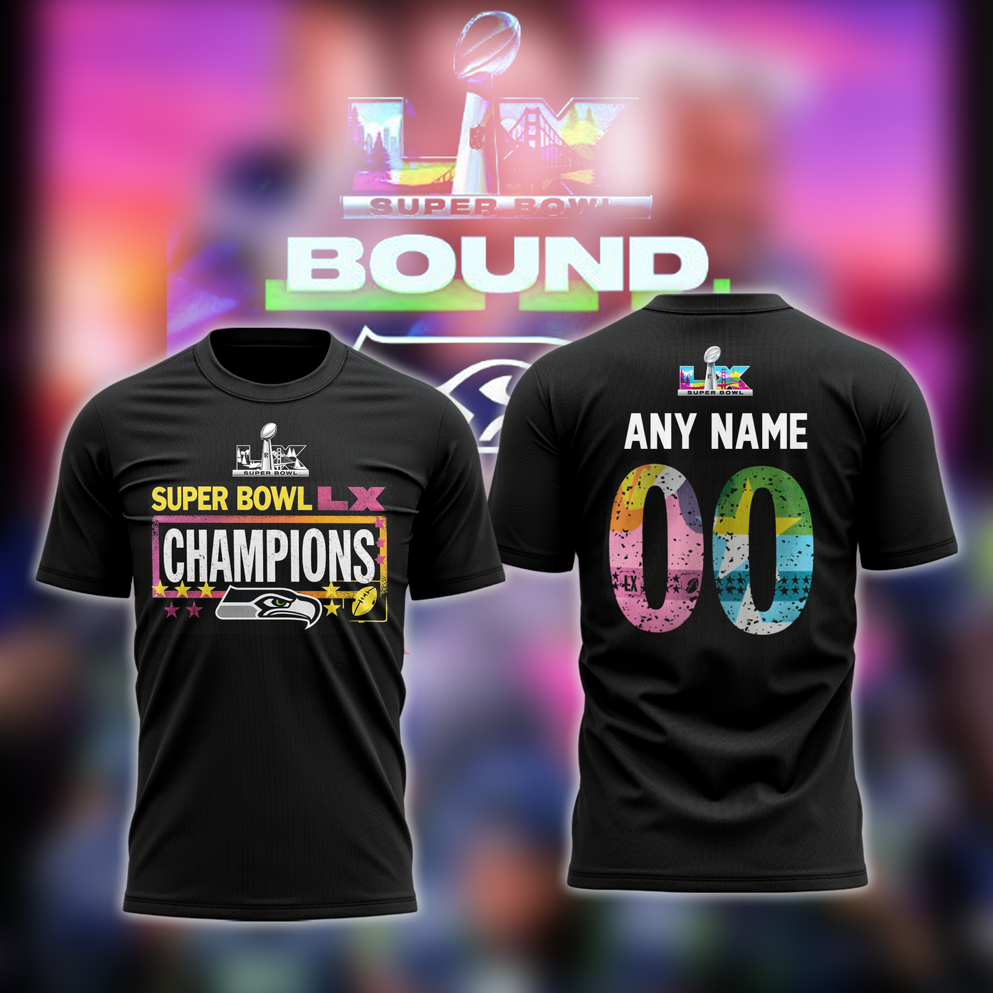 Seattle Seahawks Super Bowl LX Champions Custom Name & Number T-Shirt