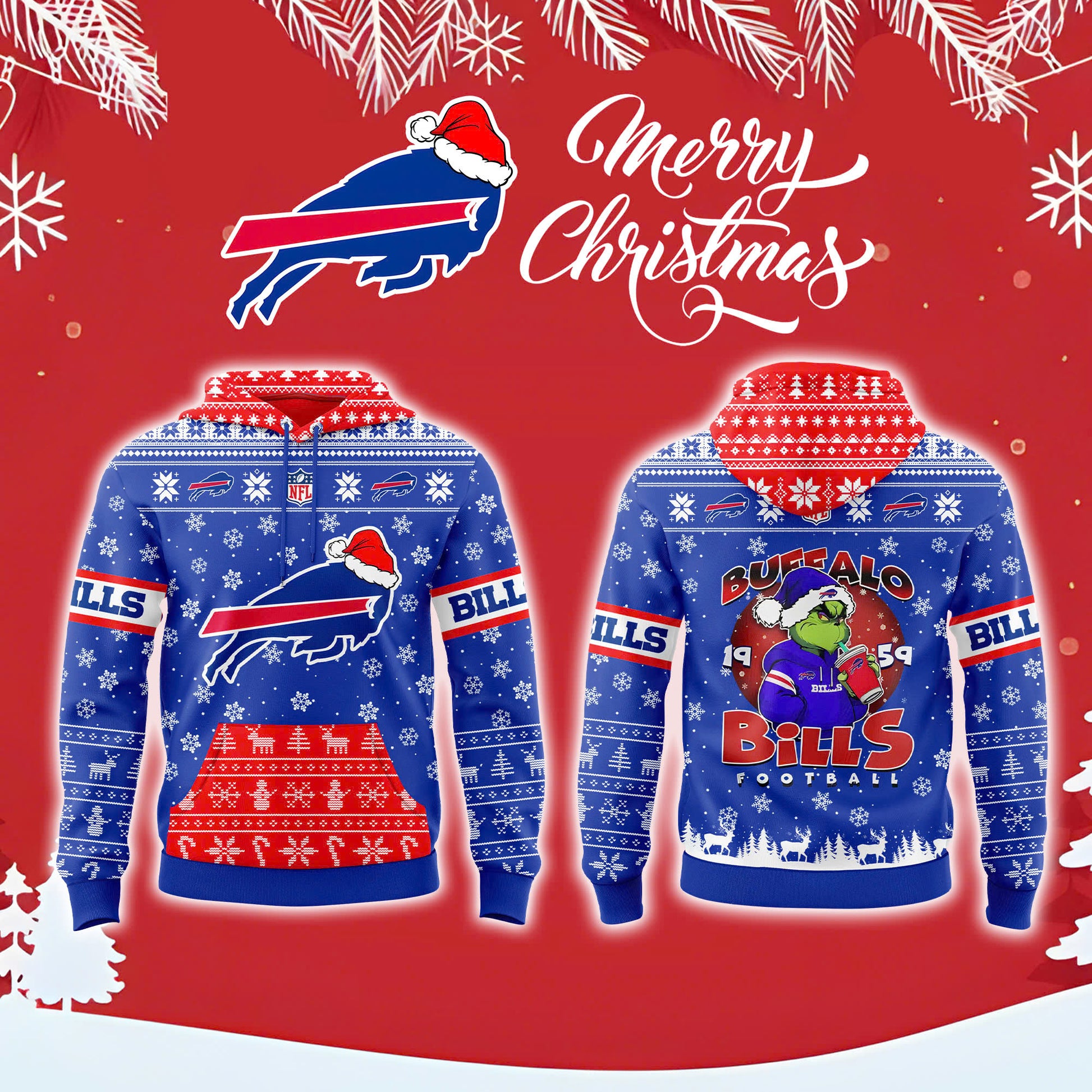 Buffalo Bills Grinch Christmas Fleece Edition Combo Hoodie & Cap & Jogger V2
