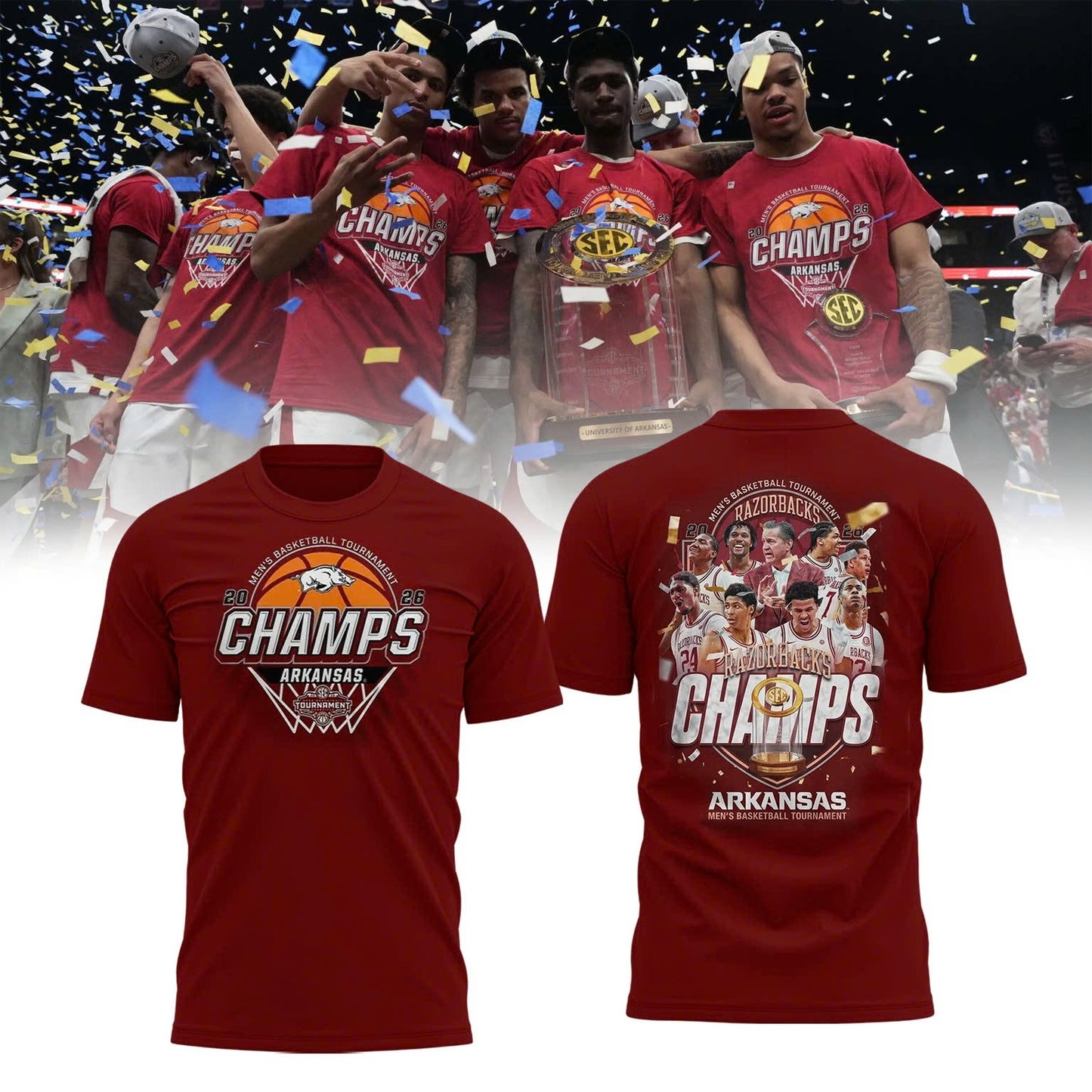 Arkansas Razorbacks Men's Basketball 2026 SEC Tournament Champions Locker Room Short Sleeve T-Shirt