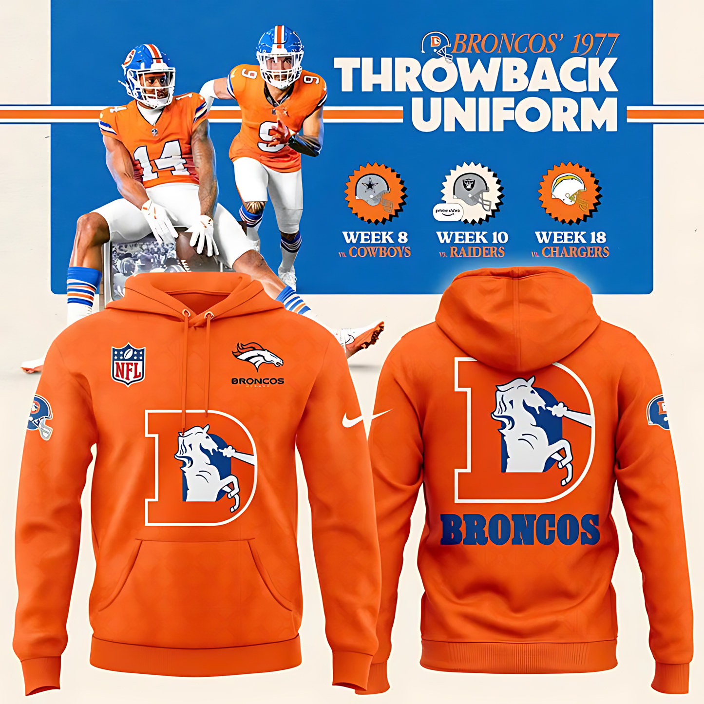 Men's Denver Broncos Throwback 1977 Orange Hoodie