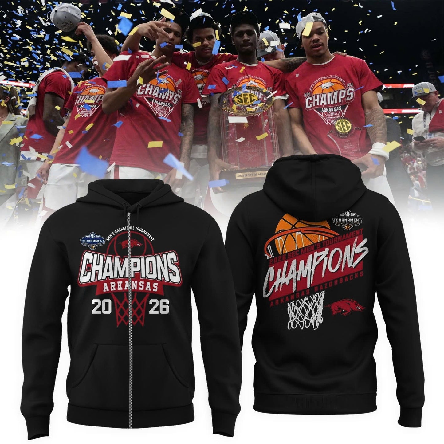 Arkansas Razorbacks Men's Basketball 2026 SEC Tournament Champions Locker Room ZipHoodie