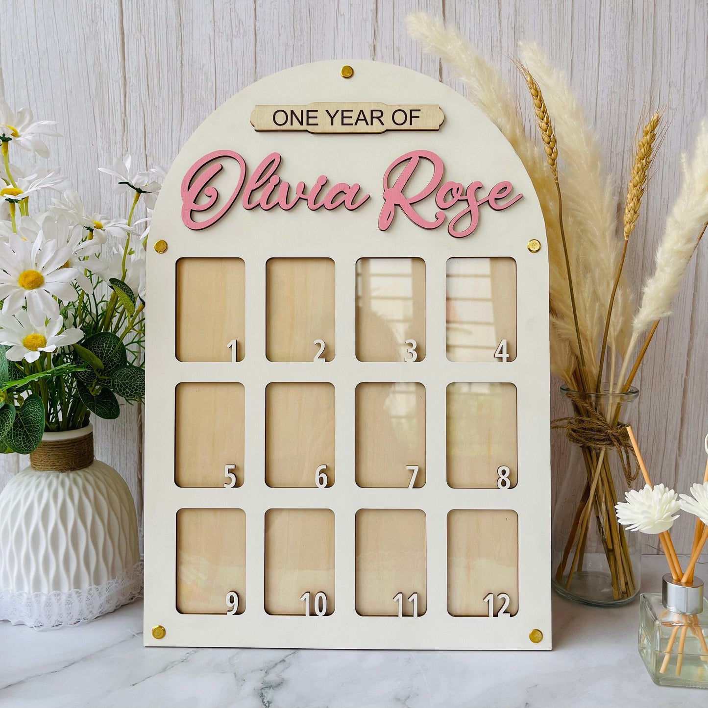 Baby Birth through One Year Monthly Picture Frame Wall Art, Personalized Wooden Photo Frame for Baby, Baby Gift