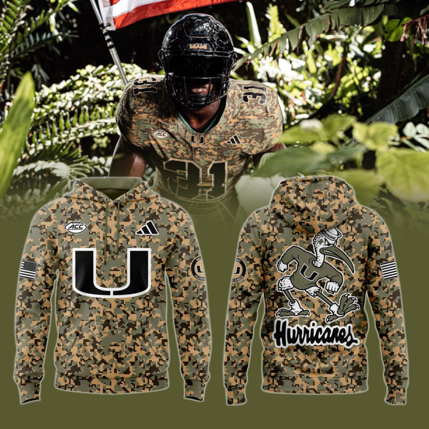Miami Hurricanes Football x Military Camo Mode Hoodie 2025