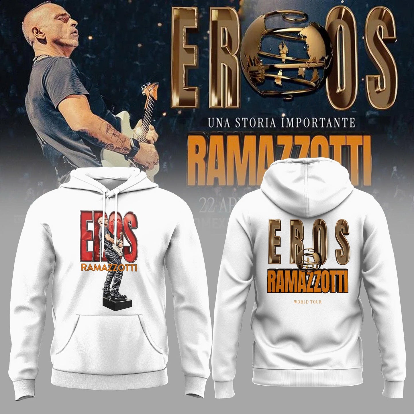 Eros Ramazzotti UNA STORIA IMPORTANTE WORLD TOUR 2026 Limited Edition White Hoodie