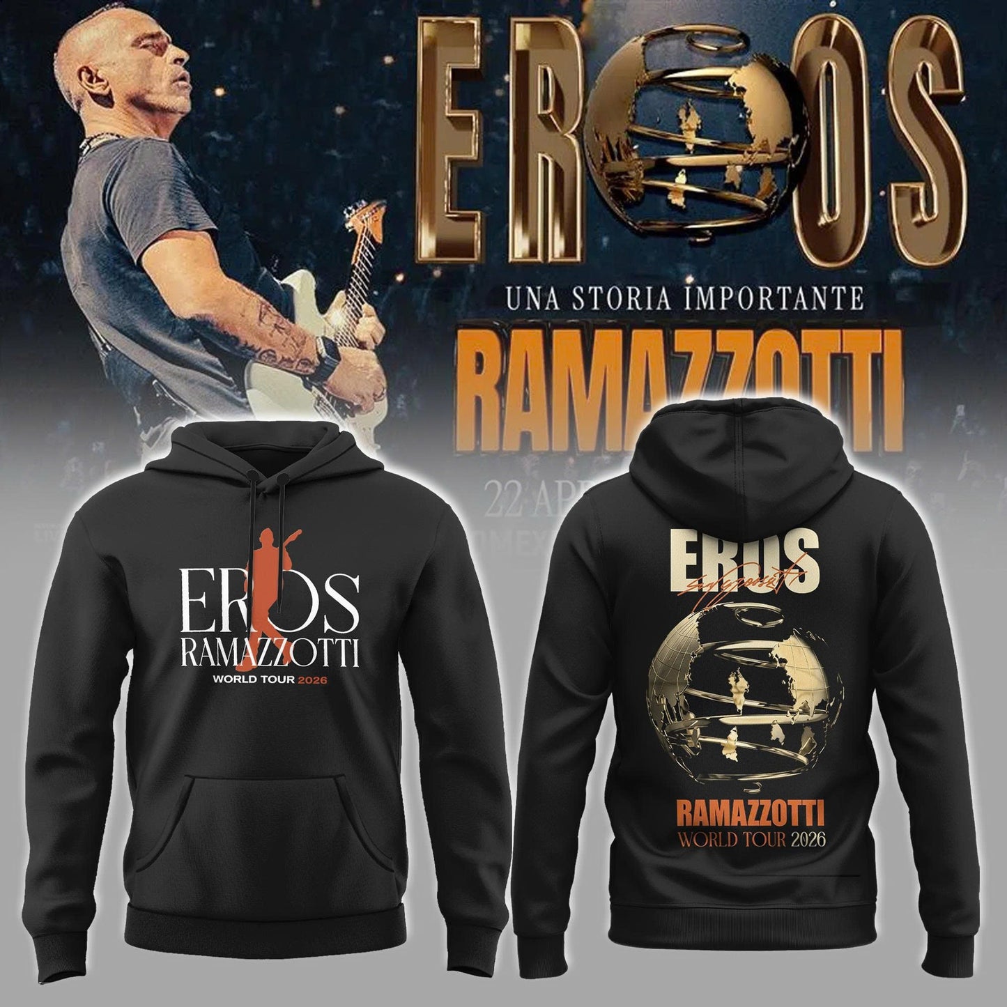 Eros Ramazzotti UNA STORIA IMPORTANTE WORLD TOUR 2026 Limited Edition Black Hoodie v2